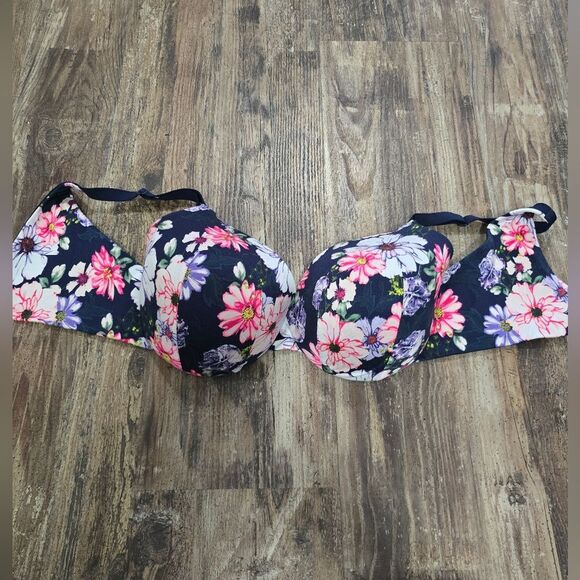Lane Bryant CACIQUE Cotton BLUE Floral PUSH UP Plunge Bra 38DDD - Picture 1 of 4